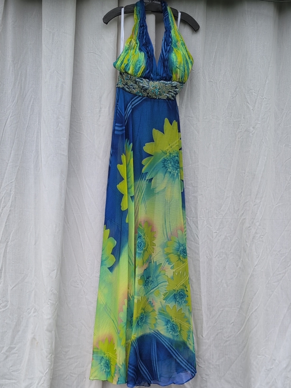 Halter Floral Maxi Dress in Blue and Yellow